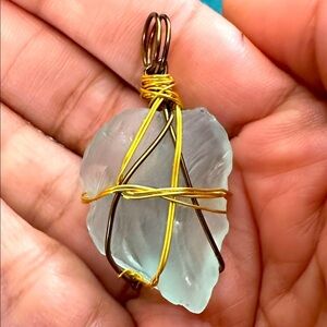 Frosted Glass Pendant, Wire Wrapped, Sea Beach Glass Handmade Art To Wear 3035 P